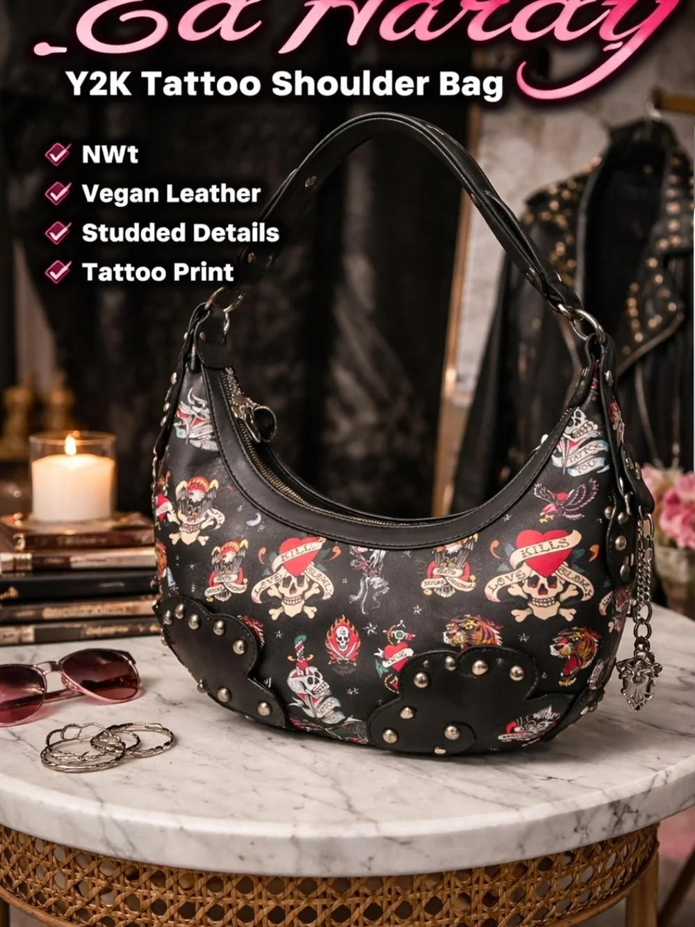 NWT Ed Hardy Black Tattoo Print Studded Hobo Shoulder Bag Vegan Leather Y2K